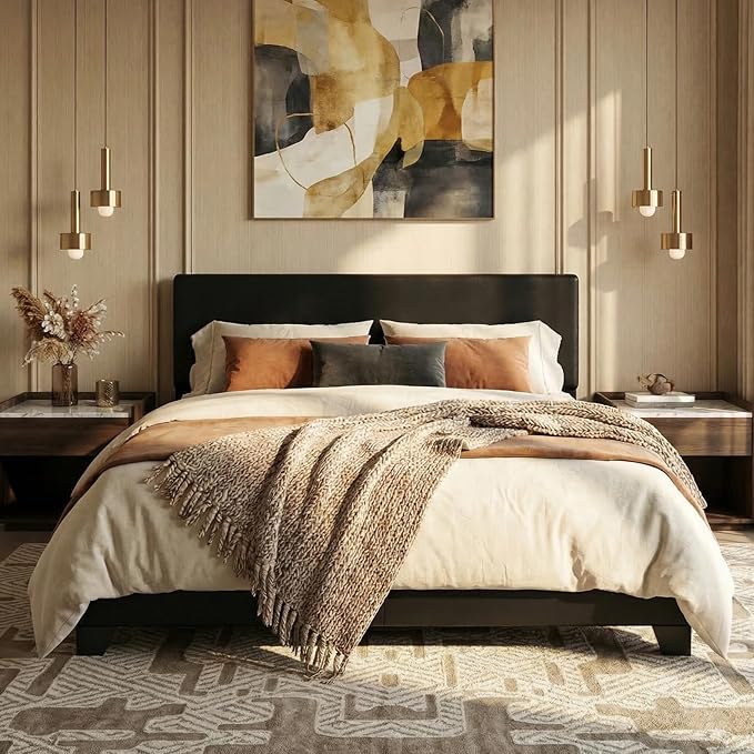 SHA CERLIN Black Queen Platform Upholstered Bed Frame with 3 Level Height-Adjustable headboard, Wood Slats Support, No Box Spring Needed, Easy Assembly, Easy Clean Up