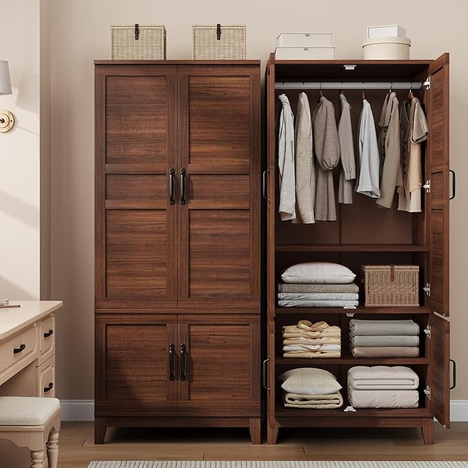 GarveeHome 72" Tall Armoire Wardrobe Closet with 4 Doors, Large Wooden Wardrobe Cabinet with Hanging Rod and Adjustable Shelves, Freestanding Clothing Storage Cabinet for Bedroom, Walnut Brown