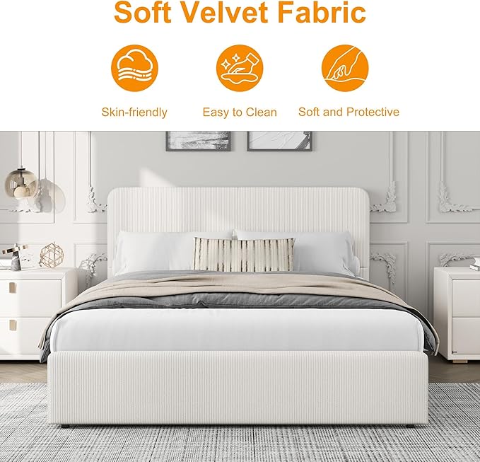 GarveeHome Modern Upholstered Platform Bed Frame with Headboard and Storage Drawers – Strong Wood Slats, Noise-Free, No Box Spring Needed, Easy Assembly – Full Size, Corduroy Neutral-White Tone