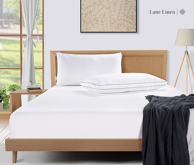 LANE LINEN Bed Pillows Standard Size Set of 2-20"x26" Medium Firm Down Alternative Pillows for Sleeping, Hotel Quality Back Stomach or Side Sleeper Pillow, Cooling Soft Breathable Easy Care - White
