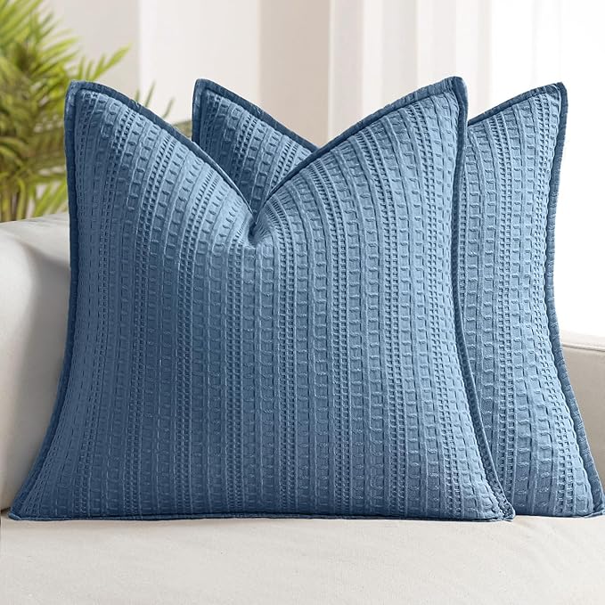 Set of 2 Decorative 100% Cotton Waffle Throw Pillow Covers 18x18, Neutral Coastal Euro Shams Weave European Cushion Cases for Couch Sofa Bed Modern Farmhouse Home Decor, Blue