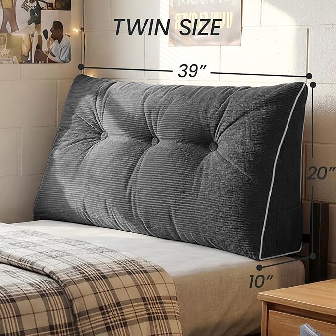 Sasttie Headboard Pillow Twin/Twin XL, Wedge Pillow Headboard for Dorm, Triangular Daybed Backrest Cushion for Sitting or Reading in Bed, with Removable Washable Cover, Dark Grey
