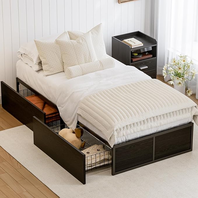 GAZHOME Twin Bed Frame with 2 XL Storage Drawers, Metal Platform Bed Frame with Footboard, 9 Strong Metal Slat Support/No Box Spring Needed/Easy Assembly/Space Saving,Black