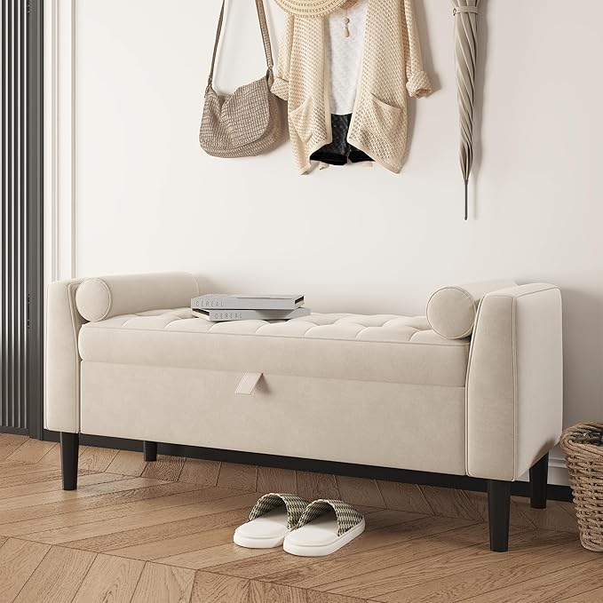 Garvee 46.5 in Storage Ottoman Bench – Upholstered End-of-Bed Storage Chest with Rolled Armrests & Wood Legs, Entryway Shoe Bench and Footrest Seat for Hallway, Bedroom & Living Room （Beige）
