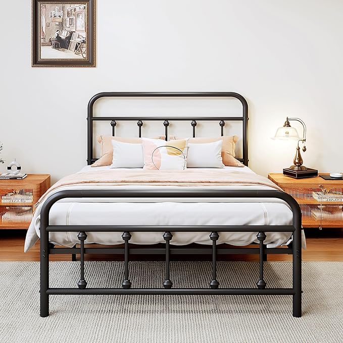 Vengarus Metal Bed Frame,Twin Size Bed Frame with Headboard,Structurally Stable, Heavy Duty Steel Slat Supported,Under Bed Storage,No Box Spring Needed,14 Inch,Black