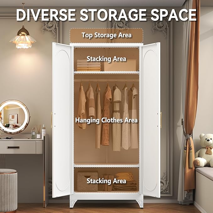 Polup Metal Wardrobe Cabinet for Hanging Clothes, 71" Tall Armoire Wardrobe Closet with Hanging Rod, White Clothing Storage Cabinet with Doors and Shelves, Large Closet for Bedroom-Assemble Required