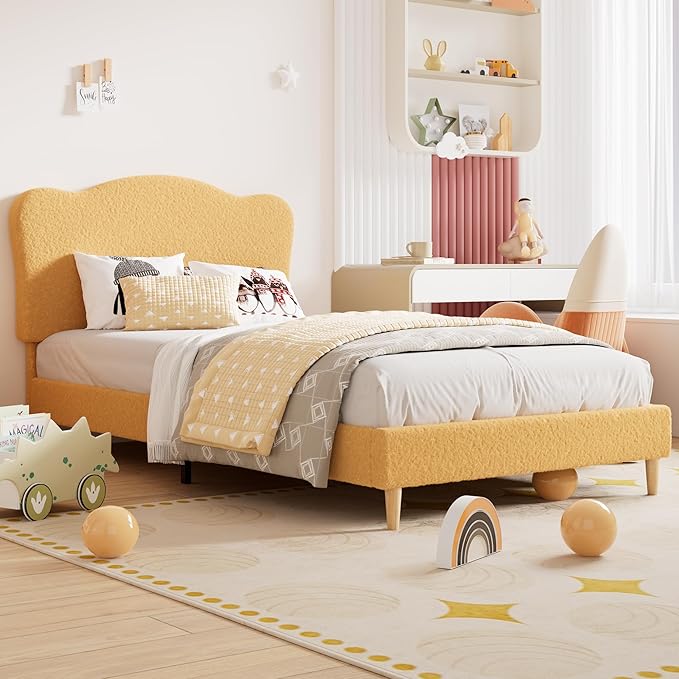 GarveeHome Upholstered Full Size Bed Frame for Kids with Scallop Headboard, Cute Velvet Full Bed for Girls, Boys, Sturdy Platform Bed, No Box Spring Needed, Wooden Slats, Noise Free, Yellow