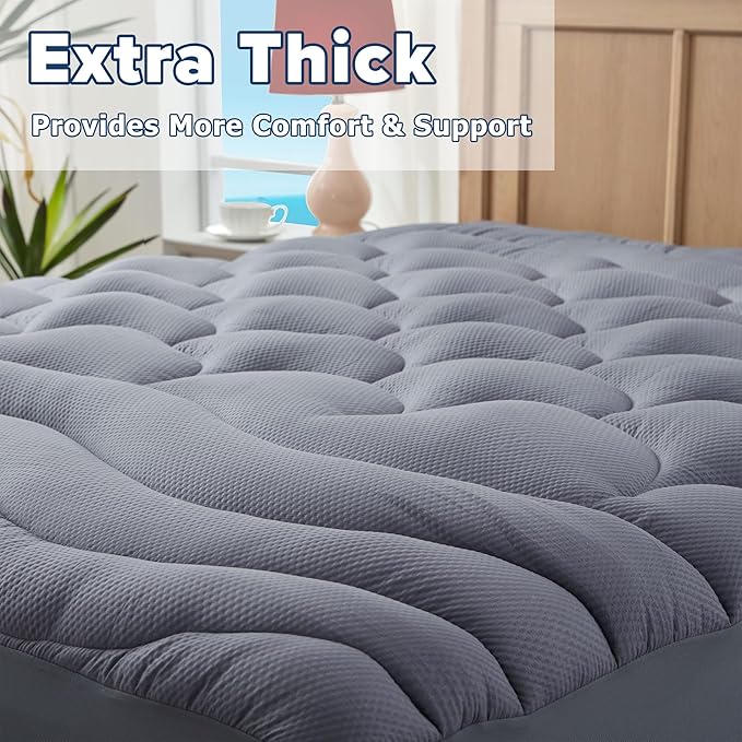 ELVEN HOME Twin Size Mattress Pad for Pain Relief, Pillow Top Cooling Twin Mattress Topper for Single Bed, Thick Fluffy Mattress Protector Cover Quilted Fitted Deep Pocket (39x75 inch, Grey)