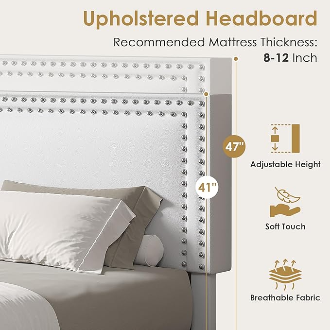 VECELO Queen Size Platform Bed Frame with Height Adjustable Upholstered Headboard, Modern Mattress Foundation,Strong Wood Slat Support, No Box Spring Needed, Easy Assembly,White