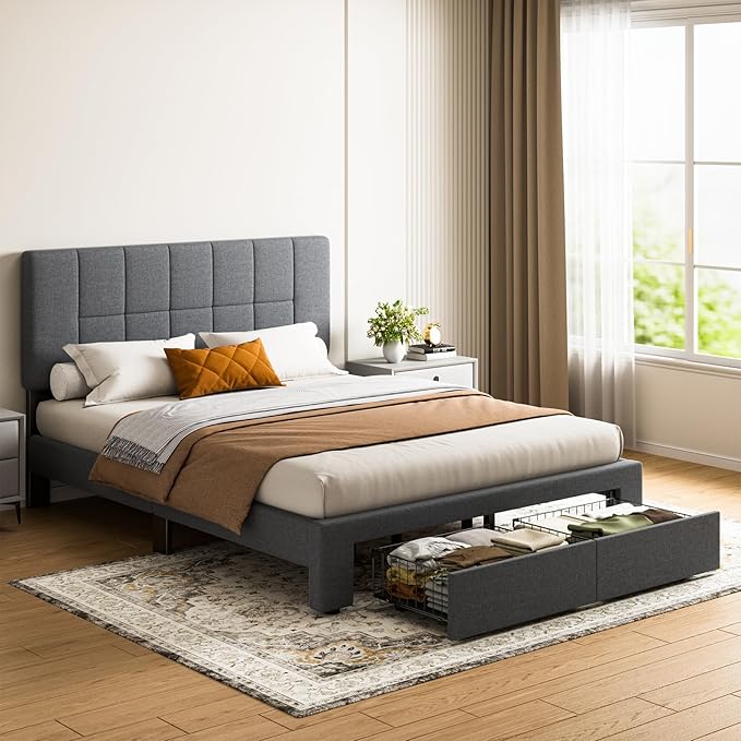 Marsail Queen Bed Frame with 2 Storage Drawers, Sturdy & Durable with 12 Support Legs, 1300 lbs Capacity, Solid Wooden Upholstered Adjustable Headboard for 6″–12″ Mattresses, Easy Assembly, Dark Gray