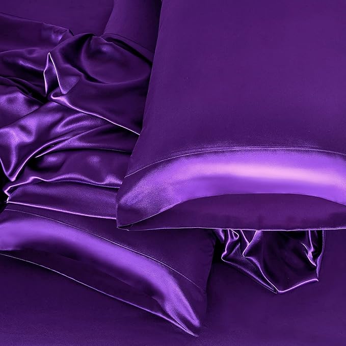 Homiest 3pcs Satin Sheets Set Luxury Silky Satin Bedding Set with Deep Pocket, 1 Fitted Sheet + 1 Flat Sheet + 1 Pillowcase (Twin Size, Purple)