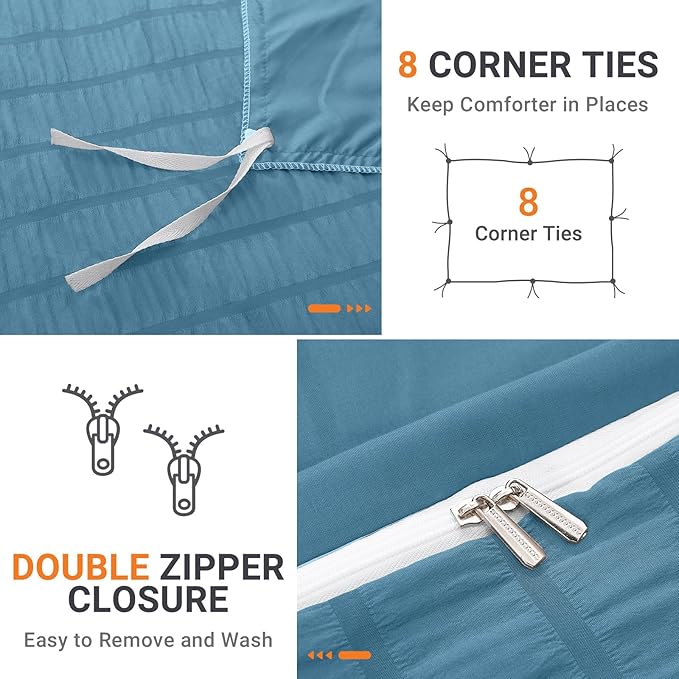 HYMOKEGE Mineral Blue Duvet Cover King Size, Ultra Soft 3-Piece Seersucker Duvet Cover Set with Zipper Closure, Soft Brushed Microfiber Bedding Set with 8 Corner Ties (104"x90", 2 Pillowshams)