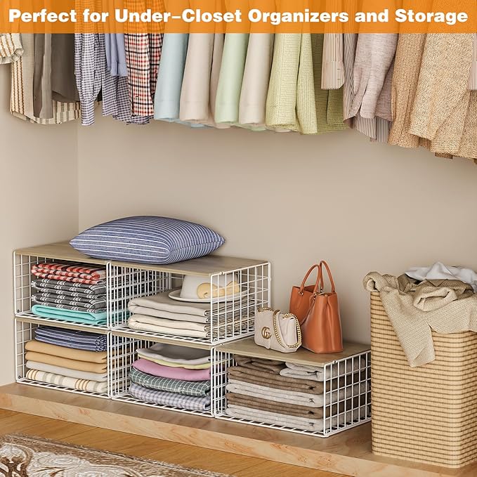 Extra-Long, Low-Profile Closet Organizers and Storage with Wood Top, 3 Pack Stackable Closet Shelf Organizer, Space-Saving Clothes Storage Bin for Wardrobe & Bedroom & Small Spaces, Sturdy (White)