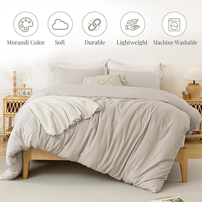 MILDLY Super Soft Duvet Cover - 100% Washed Microfiber Linen Grey Comforter Cover Set 3 Pieces with Zipper Closure & Corner Ties (No Comforter)
