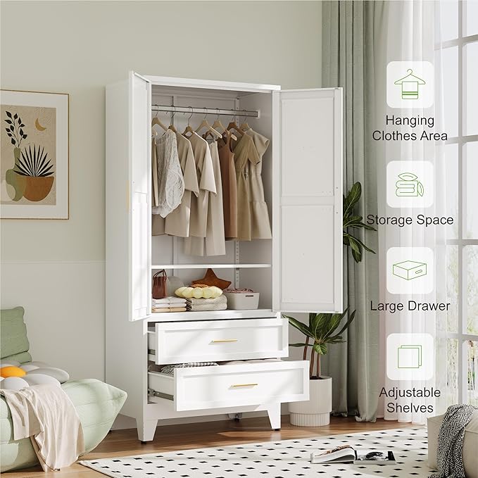 Baborokic Metal Wardrobe Cabinet with Hanging Rod,71" Armoire Wardrobe Closet with 2 Drawers,Farmhouse Bedroom Armoire,Storage Cabinets with Door and Shelves for Bedroom,Laundry Room(White)