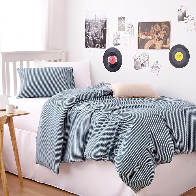 Wake In Cloud - Striped Cotton Duvet Cover Set, 100% Washed Cotton Textured Percale Bedding Set, Ticking Stripe Pinstripe Farmhouse, 3 Pieces, Denim Blue, Twin Size