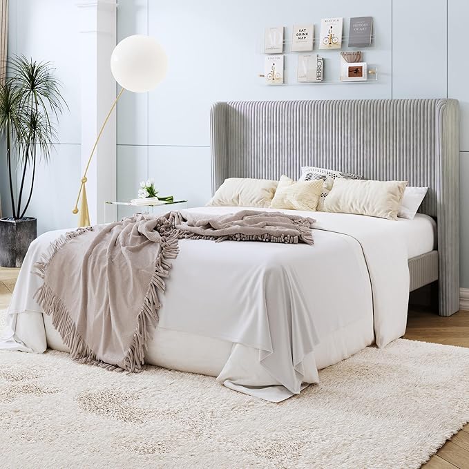 SHA CERLIN Queen Size Corduroy Upholstered Platform Bed Frame with Vertical Channel Tufted Wingback Headboard, 8" Under Bed Storage, Wooden Slats & Metal Frame Support, Easy Assembly, Light Grey