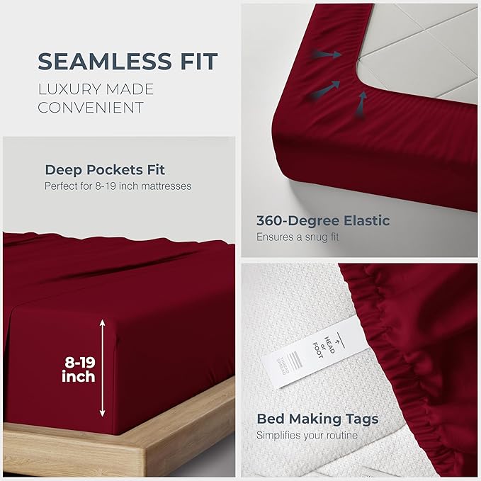 THREAD SPREAD 100% Egyptian Cotton King Size Sheets Set - Luxury 1500 Series Egyptian Cotton Sheets King Size (4 PC, Burgundy), Silky Soft, Sateen Weave, Cooling & Breathable, 17" Deep Pocket Bed Set