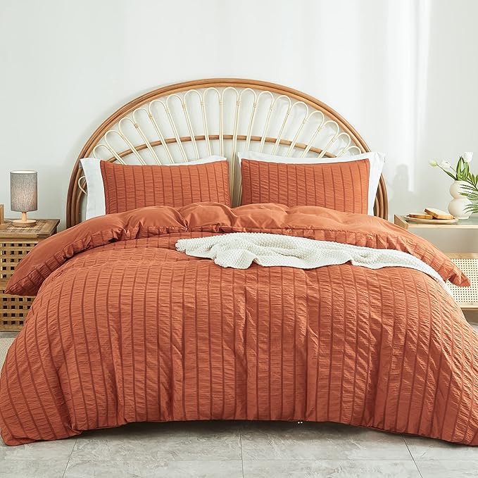 AveLom Terracotta Seersucker Duvet Cover Set Full Size (80 x 90 inches), 3 Pieces (1 Duvet Cover + 2 Pillow Cases), Ultra Soft Washed Microfiber, Textured Duvet Cover with Zipper Closure, Corner Ties