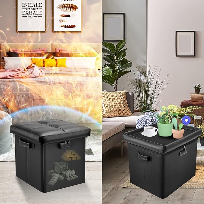 DocSafe Storage Ottoman with Lock,Fireproof Folding Ottoman Foot Rest Stool Storage Chest with Storage Safe for Important Documents,Waterproof 13 Inches Short Ottoman Foot Stool with Handles,Black