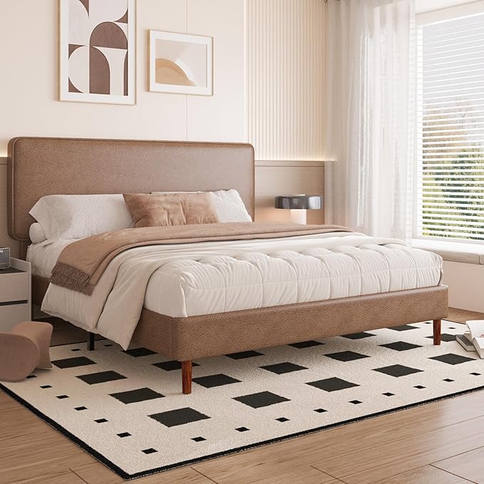 King Size Leather Platform Bed Frame with Adjustable Upholstered Headboard, Solid Wooden Legs, No Box Spring Needed, Easy Assembly, Noise Free, Brown
