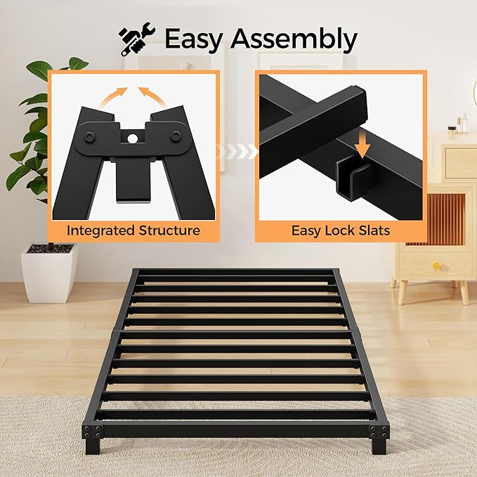 4 Inch Bed Frames Twin Size Low Profile Metal Platform Bed Frame Heavy Duty Steel Slat Support, No Box Spring Needed, Easy Assembly, Noise Free