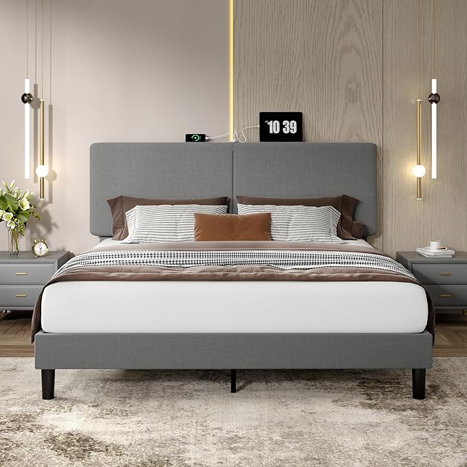 VECELO Queen Bed Frame with Type-C & USB Ports, Upholstered Platform Height-Adjustable Cotton and Linen Headboard,No Box Spring Needed,Noise-Free,Easy Assembly, Dark Gery