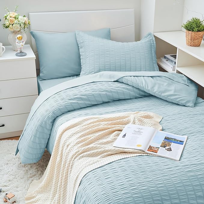 HYMOKEGE Lake Blue Twin XL Comforter Set Seersucker 5 Pieces, All Season Luxury Bed in a Bag for Bedroom, Bedding Set with Comforters, Sheets, Pillowcase & Sham