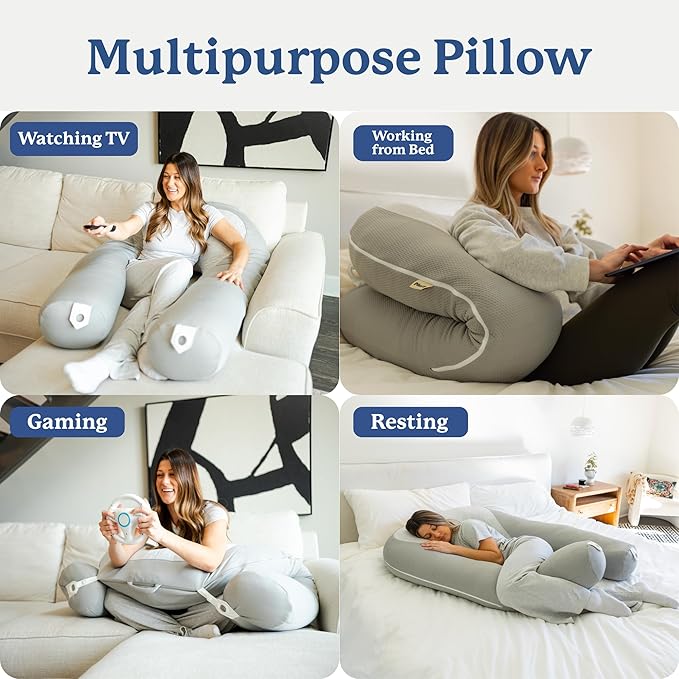 Plufl Hugl Cooling Body Pillow for Adults Made with CloudSupport Fill | U Shaped Maternity Pillows Great for Side Sleepers & Pregnant Women | Washable Cover | Grey