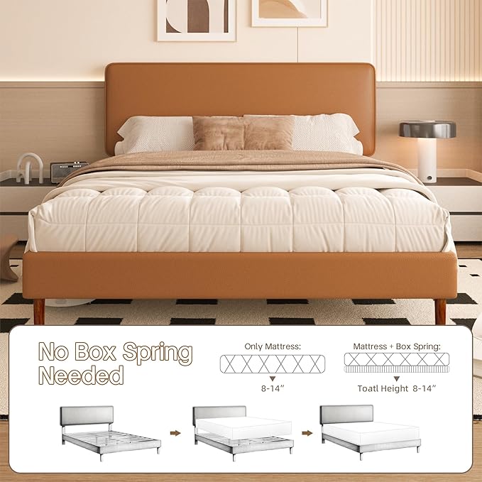 Queen Size Leather Platform Bed Frame with Adjustable Upholstered Headboard, Solid Wooden Legs, No Box Spring Needed, Easy Assembly, Noise Free, Orange-Brown