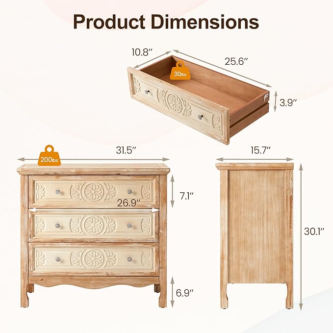 FansaFurn 3 Drawer Dresser with Pattern Carved Drawers, Vintage 3 Chest of Drawers for Bedroom, Wooden 3 Drawer Chest, Wide Nightstand, Large Side Table for Living Room, Natural