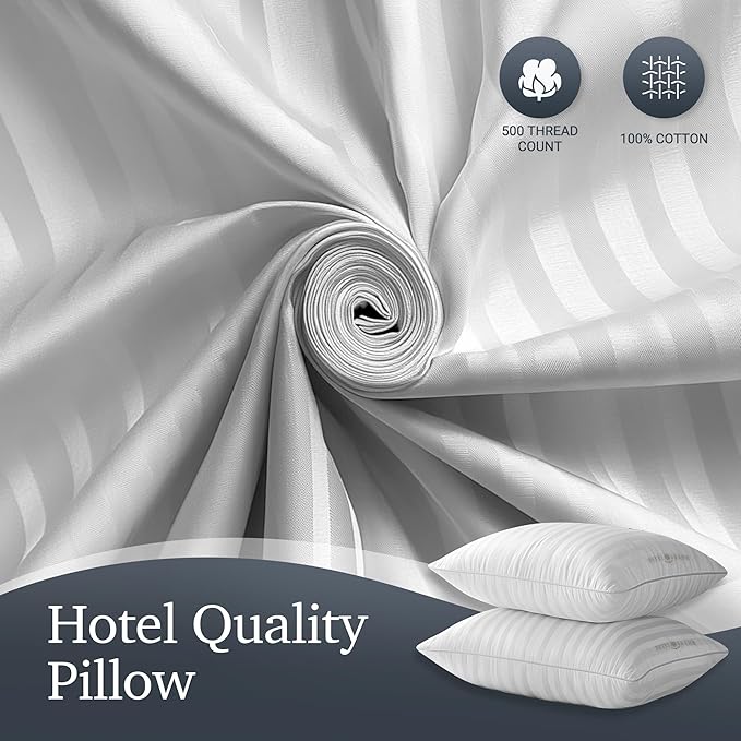 Hotel Grand Bed Pillows Standard Size Set of 2 Packs - 500 Thread Count 100% Cotton Medium Firm Hypoallergenic Feather Down Pillows Machine Washable Pillow for Back, Stomach or Side Sleepers, 20"x26"