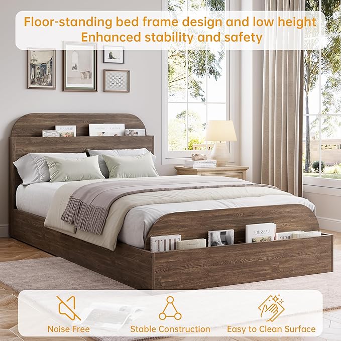 GarveeHome Twin XL Size Bed Frame, Wooden Beds with Storage Headboard and Raised-Foodboard, Twin XL-Floor Low Platform Bed for Bedroom, Sturdy Wooden Slats Support, No Box Spring Needed, Walnut