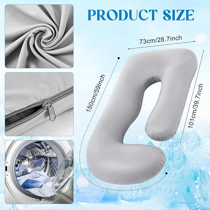 Hahafelt Cooling Pregnancy Pillow Cover (Only Pillowcase) 59 Inch Large J Shaped Full Body Pillowcase Maternity Stretchy Soft Breathable Cool Pillow Cover with Zipper for Side Sleeper (Gray)