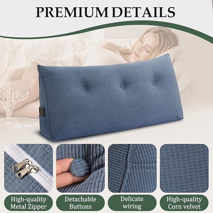 Huatean Home Soft Headboard Pillow Twin Size, Wall Backrest Wedge Pillow Headboard Twin XL, Reading Backboard Pillows, Large Dorm Daybed Bolster Pillows for Back Support with Removable Cover, Blue