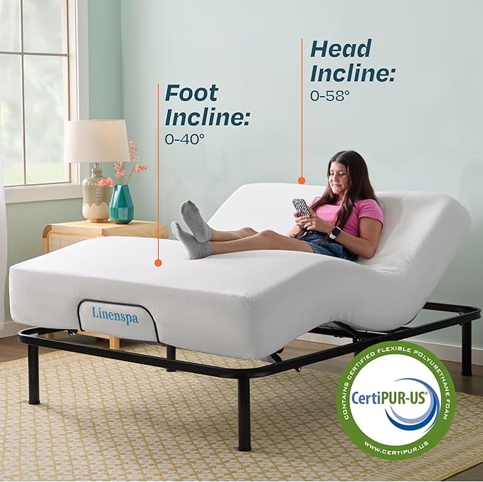 Linenspa Adjustable Bed Frame - Independent Head and Foot Incline - Powerful Quiet Motor - Easy Toolless Assembly - Lounge - Watch TV - Working - Reading - Ergonomic - Electric Bed Base - Queen Size