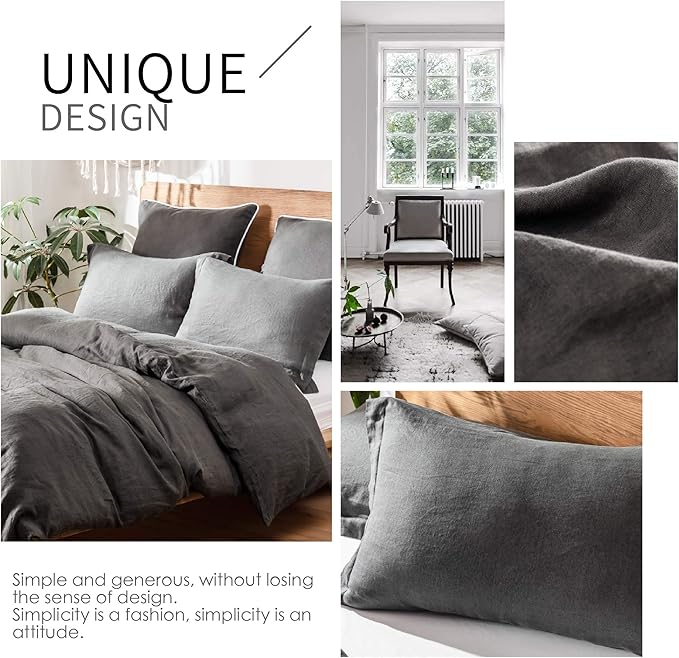 Simple&Opulence 100% Linen Duvet Cover Set 3pcs Basic Style Natural French Washed Flax Solid Color Soft Breathable Farmhouse Bedding with Button Closure - Dark Grey, King
