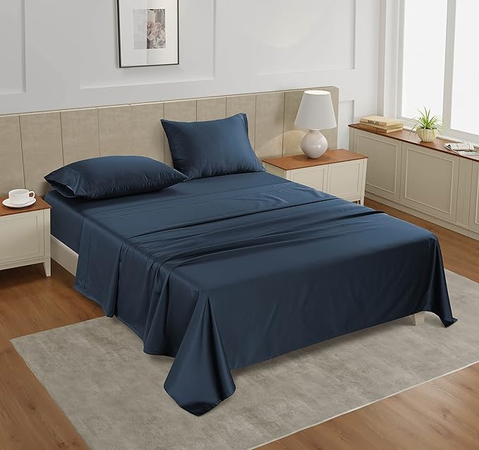 LANE LINEN 100% Cotton Bed Sheets Full Size - 450 Thread Count Silky Sateen Weave - Extra Soft, Cozy & Breathable Year Round Comfort - Fits Matresses Upto 15'' Deep - Oeko TEX Certified - Estate Blue