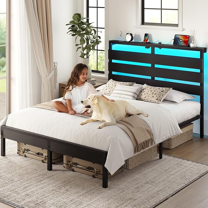 Rolanstar Queen Bed Frame with LED Lights and Charging Station, Wood Storage Headboard and Under Bed Storage, Metal Platform, Noise Free, No Box Spring Needed, Balck Oak