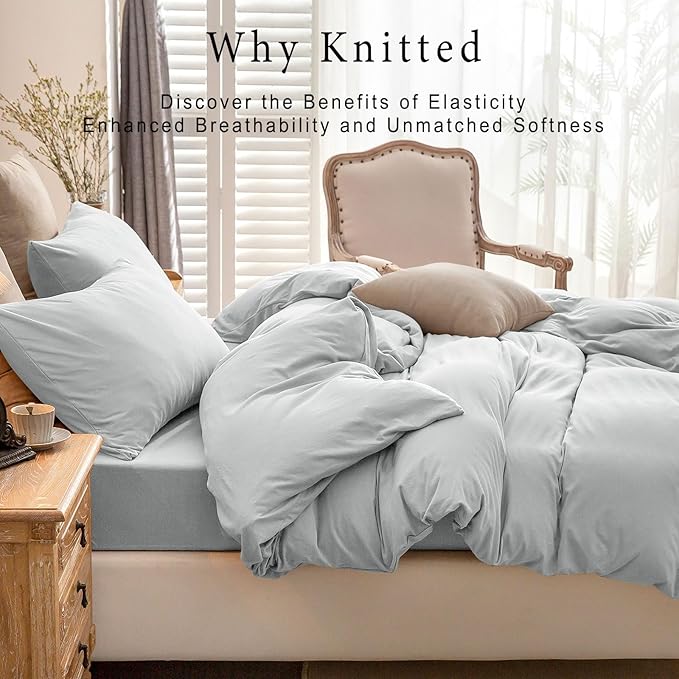 PURE ERA Jersey Knit Duvet Cover Set 100% T-Shirt Cotton Super Soft Comfy 3pc Bedding Set with Zipper Closure (Solid Light Grey, Queen, 90"X90")