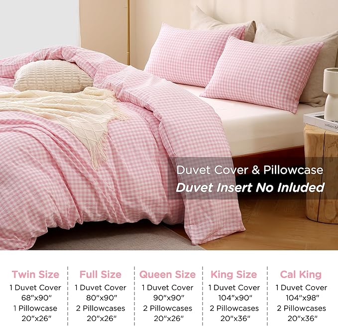 TOCOMOA Pink Gingham Duvet Cover Bedding Set 100% Washed Cotton Like Linen Feel Super Soft Comfortable 3 Piece Cute Plaid Checkered Comforter Cover Set (Queen 90"x90", Comforter Not Included)