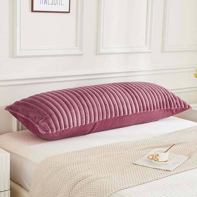 JAUXIO Faux Fur Fluffy Body Pillow Cover Luxury Textured Vertical Stripe Plush Decorative Body Pillowcase, Ultra Soft and Cozy Zipper Closure 21 x 54 Inches, Dusty Rose