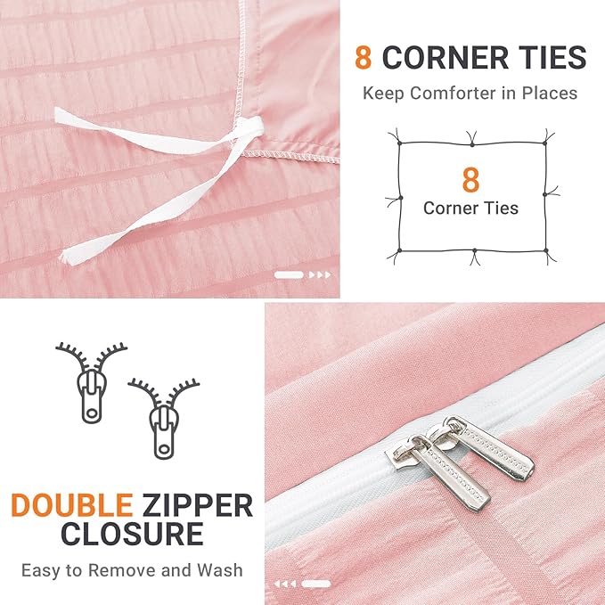 HYMOKEGE Pink Duvet Cover Queen Size, Ultra Soft 3-Piece Seersucker Duvet Cover Set with Zipper Closure, Soft Brushed Microfiber Bedding Set with 8 Corner Ties (90"x90", 2 Pillowshams)