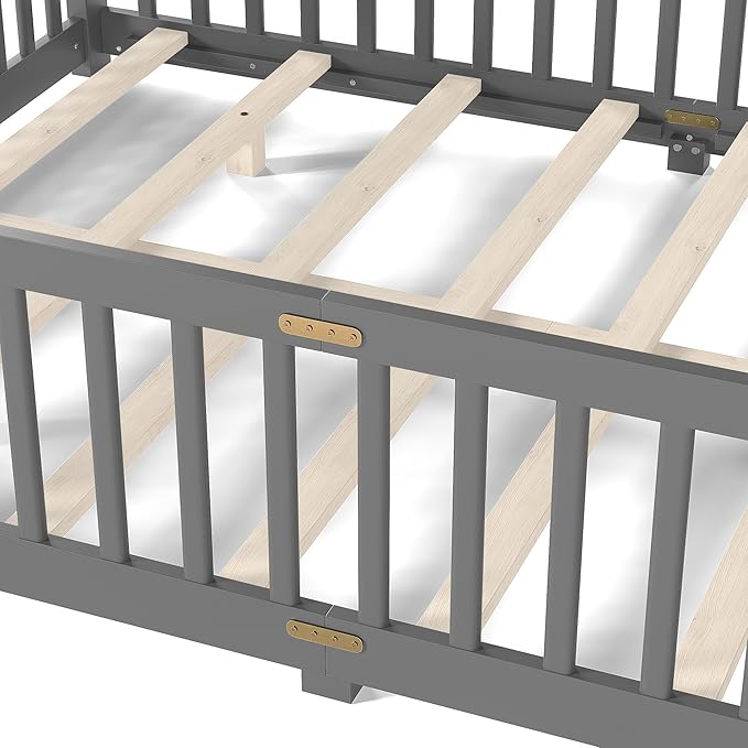 Bellemave Queen Floor Bed Frame with Rails and Door, Solid Wood Montessori Queen Size Floor Bed, Low Profile Montessori Beds with Removable Slats, Grey