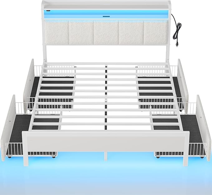 Rolanstar Bed Frame Queen Size with Charging Station and LED Lights, Upholstered Storage Headboard with Drawers, Heavy Duty Metal Slats, No Box Spring Needed, Noise Free, Easy Assembly, White