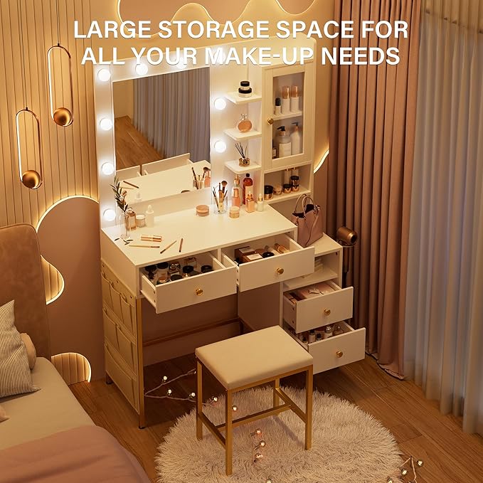 Modern Vanity Desk with HD Mirror and Lights, Makeup Table with 4 Drawers and Glass Cabinet, 3 Lighting Color Adjustable, Girls Dressing for Bedroom
