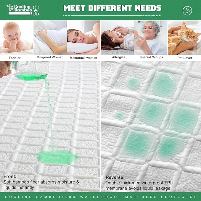 UNILIBRA Queen Size Waterproof Mattress Protector, 3D Air Rayon Made from Bamboo Cooling Mattress Cover, Breathable Deep Pocket Mattress Pad Fits to 8''-21'' White