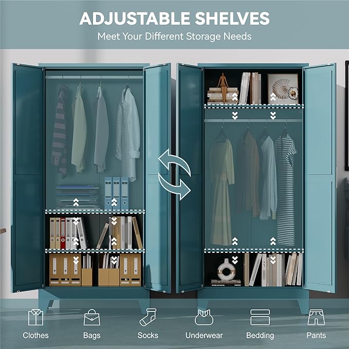 Baborokic Metal Armoire Wardrobe Closet with Hanging Rod,71H Metal Cabinet with Doors and Shelves,Bedroom Armoire Closet Organizers,Storage Cabinets for Bedroom,Office,Laundry Room(Blue)