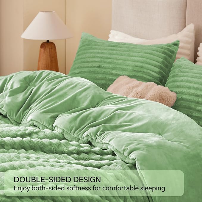BEDELITE Fleece Queen Comforter Set -Super Soft & Warm Fluffy Green Bedding, Luxury Fuzzy Heavy Bed Set for Winter with 2 Pillow Cases