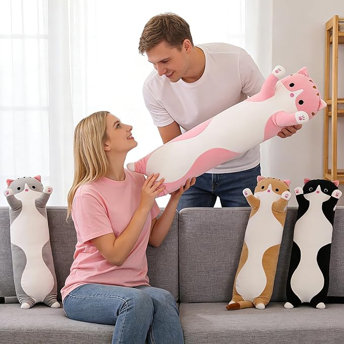 Cute Cat Plush Long Body Pillow – Soft Cartoon Stuffed Animal Doll, Kawaii Cat Plushie Cuddle Toy for Kids, Girls & Girlfriend (Black, 43.3 Inch)